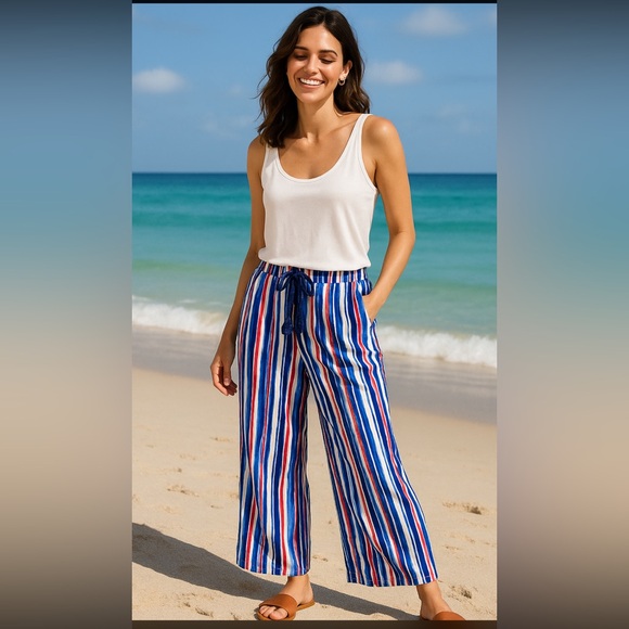 Grace Elements Pants - Grace Elements Wide-Leg Palazzo Pants L Blue Red White Striped Elastic Waist